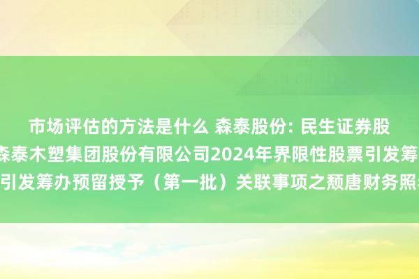 市场评估的方法是什么 森泰股份: 民生证券股份有限公司对于安徽森泰木塑集团股份有限公司2024年界限性股票引发筹办预留授予（第一批）关联事项之颓唐财务照看人敷陈推行摘抄